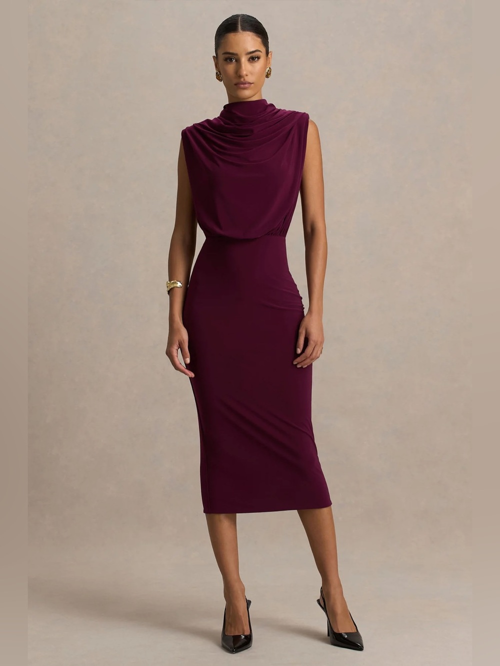 Club L London Hermia Dress in Burgundy Size 2 High Neck Midi Dress